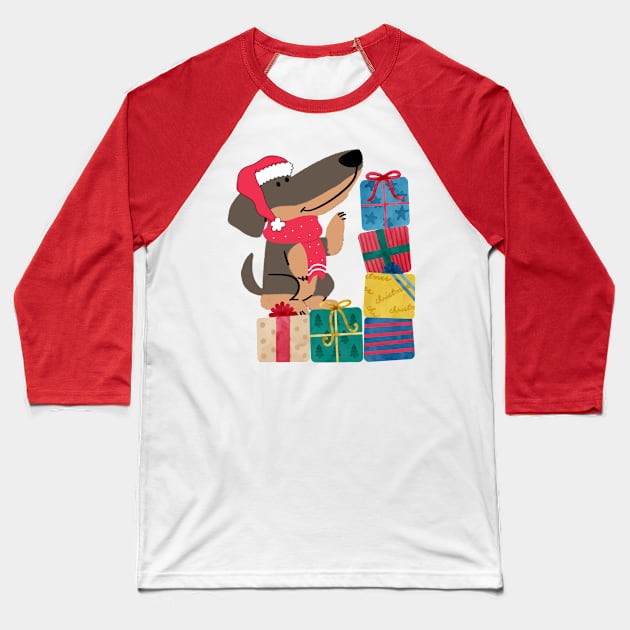 Wiener Dog Christmas Baseball T-Shirt by BilliamsLtd